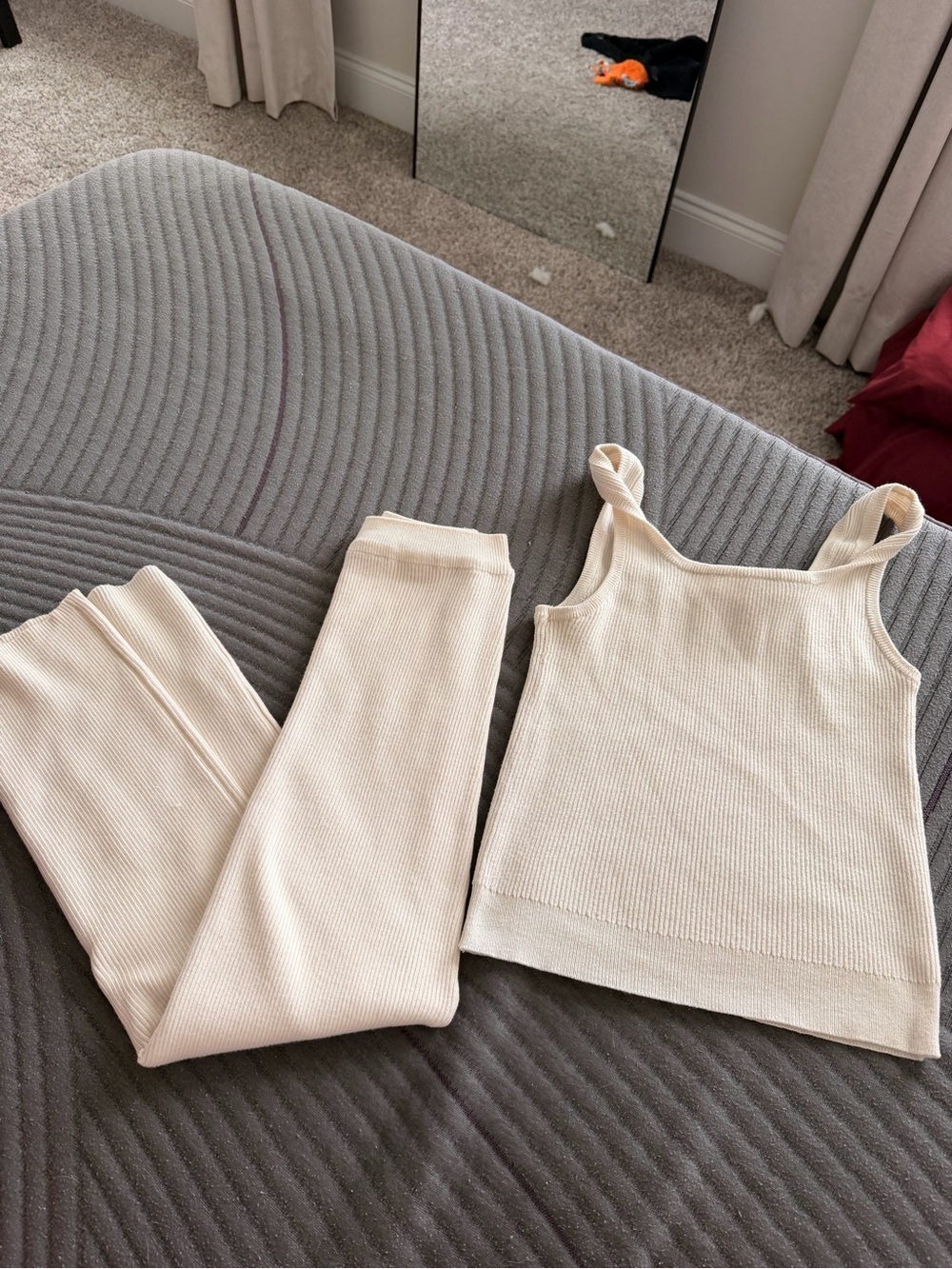 Cream Ribbed Knit Tank and Pants Set